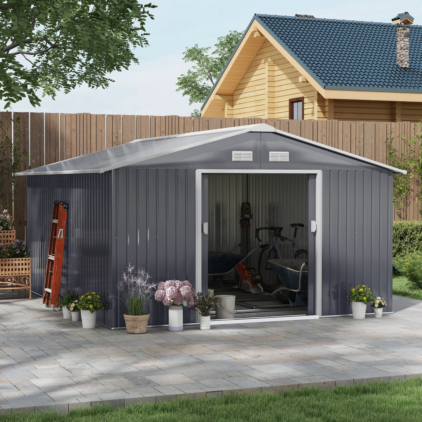 Outsunny Metal Backyard Shed 11x13, Double-Locking Doors