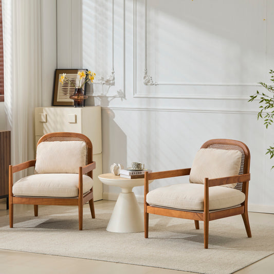 Mid-Century Armchairs Set of 2 for Living Room, Rattan Back