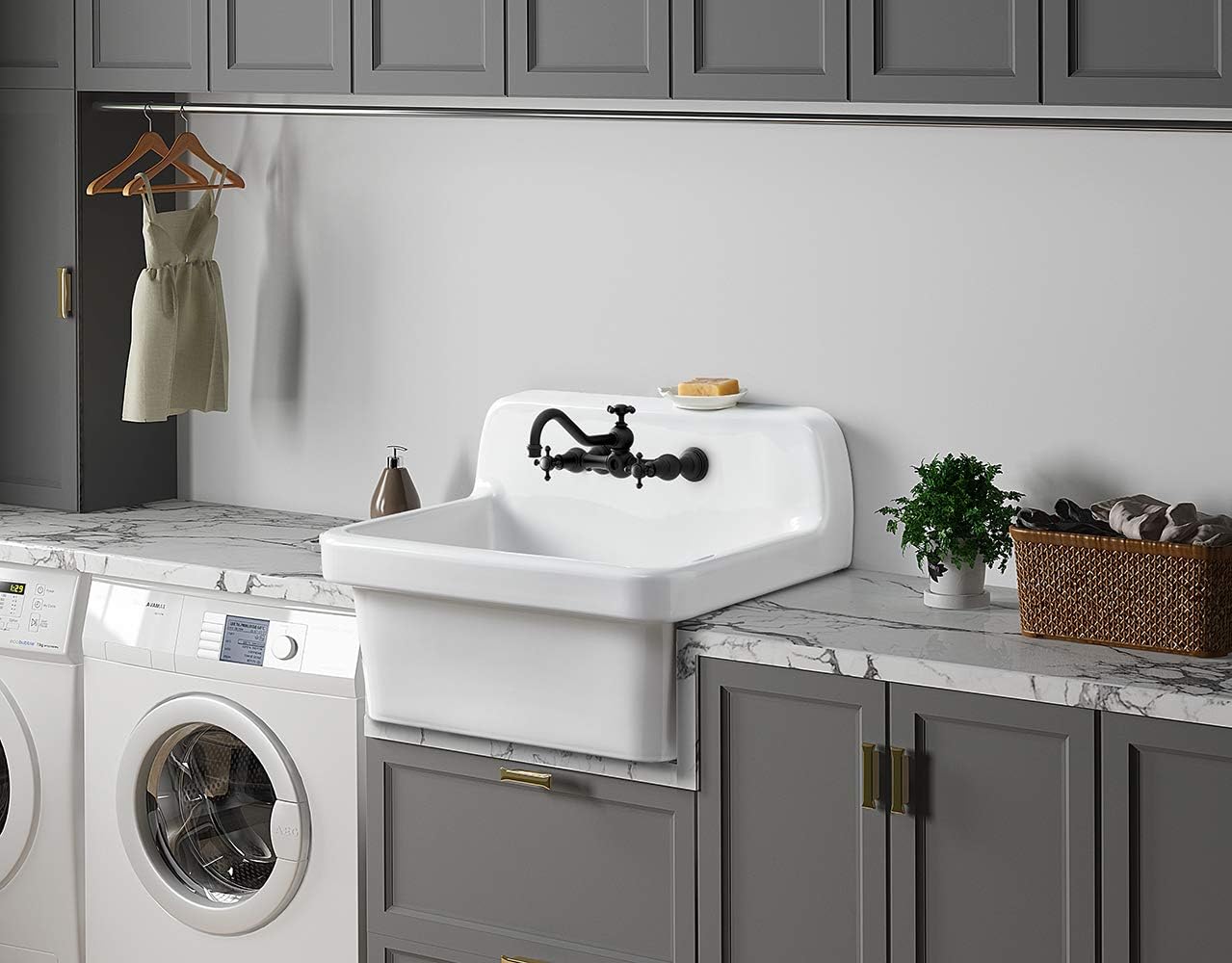 ELLAI Farmhouse Wall-Mount Utility Laundry Sink, High-Back