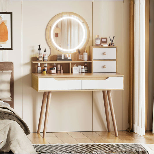 Modern Makeup Vanity for Small Bedrooms, Tri-Fold LED Mirror