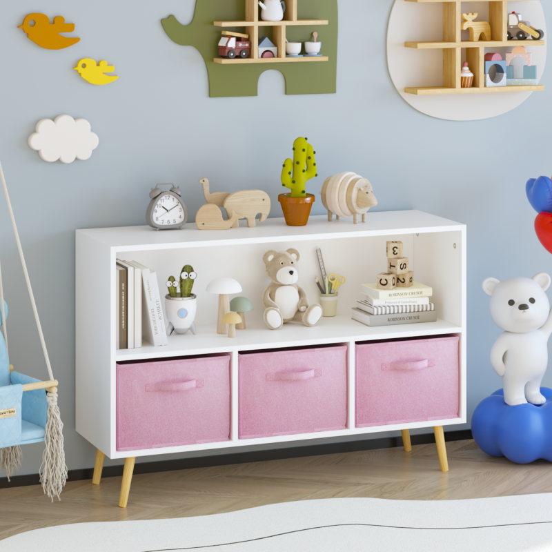 Modern Kids Bookcase for Playroom w/ Collapsible Fabric Bins