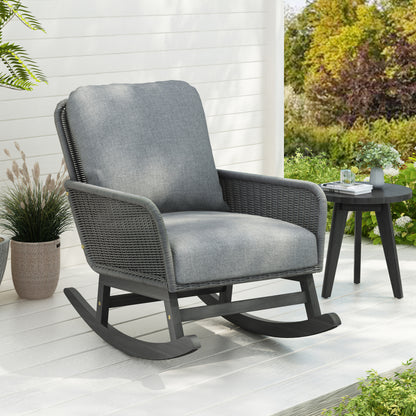 Modern Beige Wicker Rocker for Indoor/Outdoor, Soft Cushions