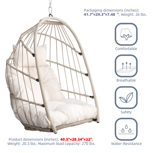 Boho Egg Swing Chair for Patio, All-Weather White PE Rattan