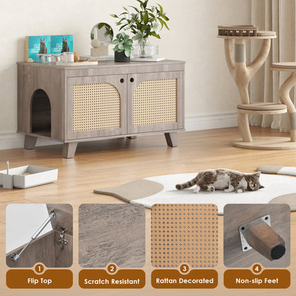 Boho Rattan Cat Litter Box Cabinet for Home, Flip-Top