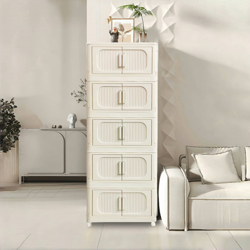 Cream White Folding Storage Cabinet on Wheels for Entryway