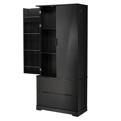Modern Fluted Kitchen Pantry Cabinet, Drawers & Spice Racks