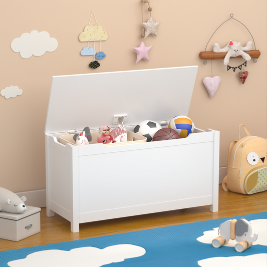 White Kids' Toy Box for Playroom with Safety Hinged Lid