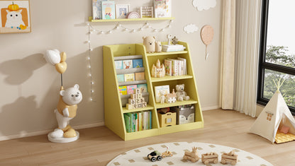 Yellow Wooden Toy Storage Organizer Cabinet Kids Bookshelf  Children Bookcase Toddler Baby Sling Book Rack Shelf for Playroom Bedroom Nursery Hallway School Kindergarten Living Roomy