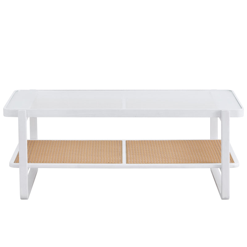 Modern White Coffee Table for Living Room, Glass Top, 2-Tier