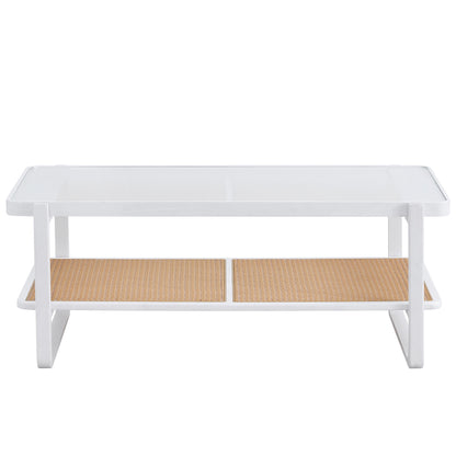 Modern White Coffee Table for Living Room, Glass Top, 2-Tier