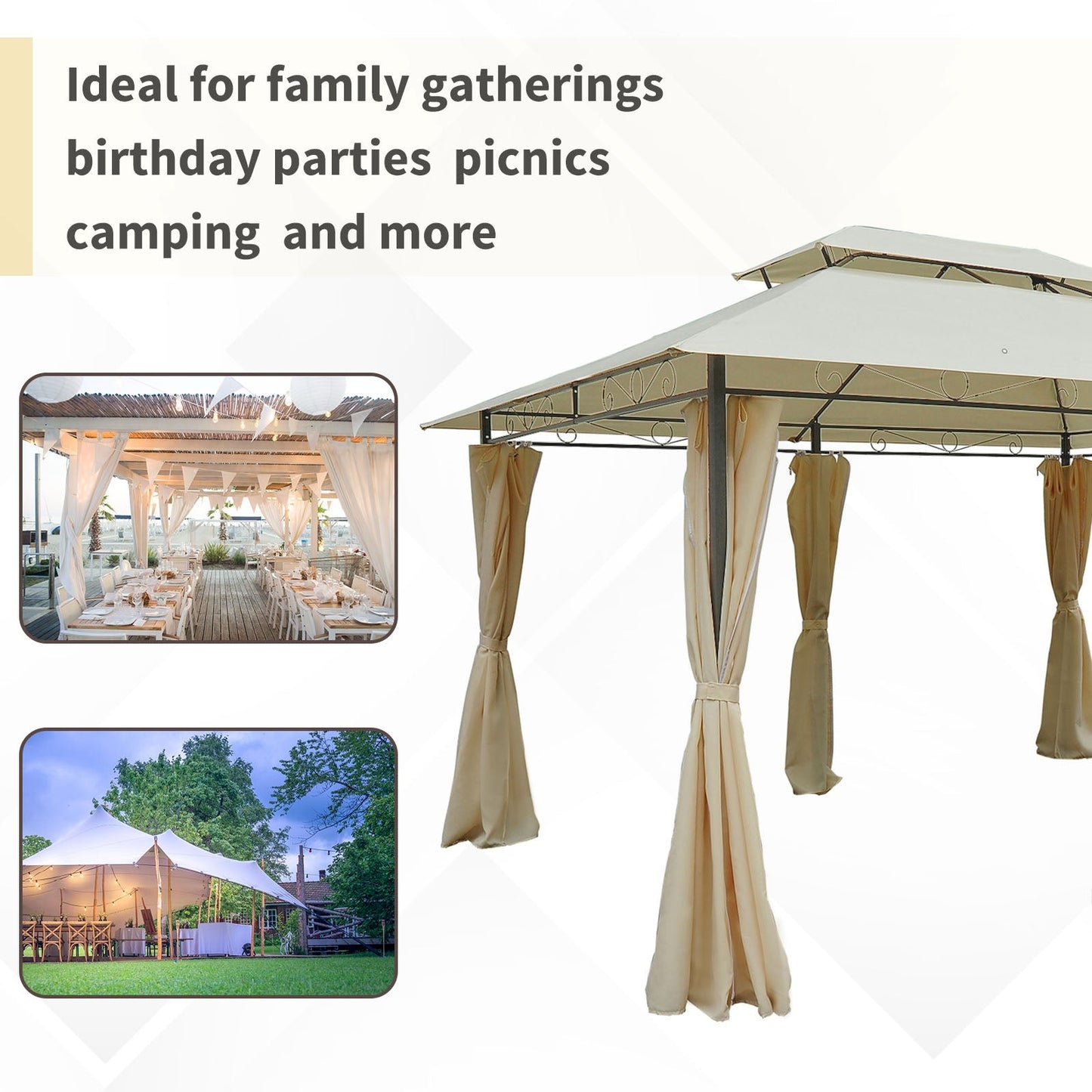 Outsunny 10x13 Cream Gazebo for Patio Vented Roof & Curtains