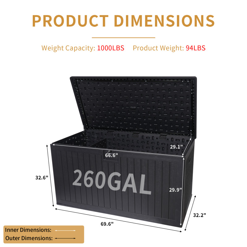 Waterproof Resin Deck Box for Patio & Pool, 260 Gal Lockable