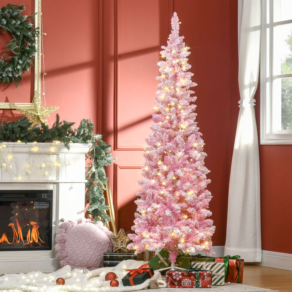HOMCOM 6 Ft Pre-Lit Slim Pencil Christmas Tree, Pink & White