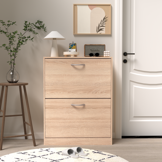 Modern Oak Shoe Cabinet for Entryway with Dual Flip Doors