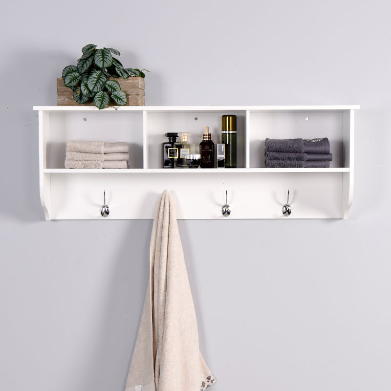 White Wall Coat Rack for Entryway, Shelf & 4 Dual Hooks