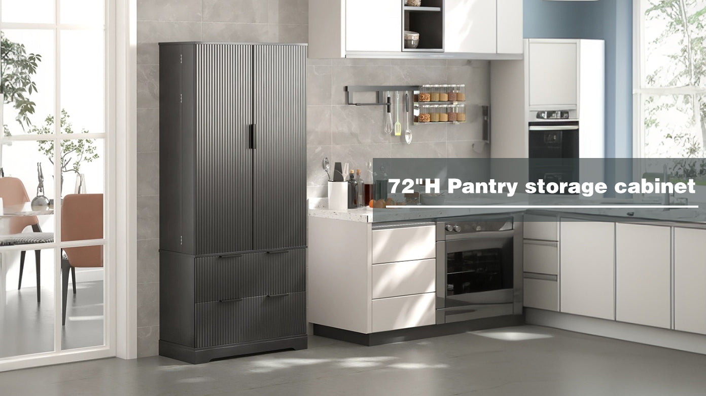 Modern Fluted Kitchen Pantry Cabinet, Drawers & Spice Racks