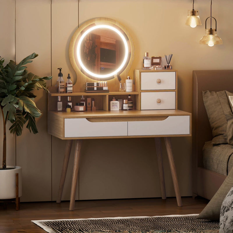 Modern Makeup Vanity for Small Bedrooms, Tri-Fold LED Mirror
