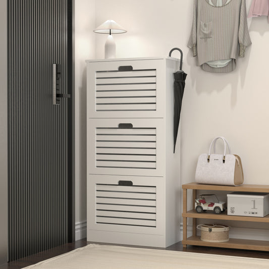 Modern Slim White Shoe Cabinet for Entryway, 3 Flip Doors