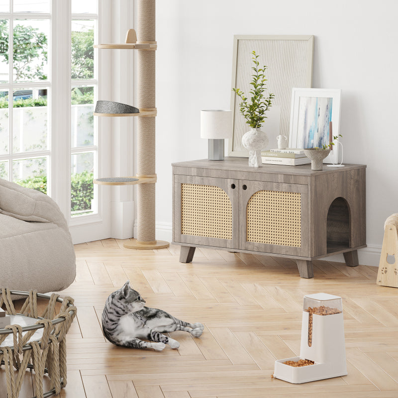Boho Rattan Cat Litter Box Cabinet for Home, Flip-Top