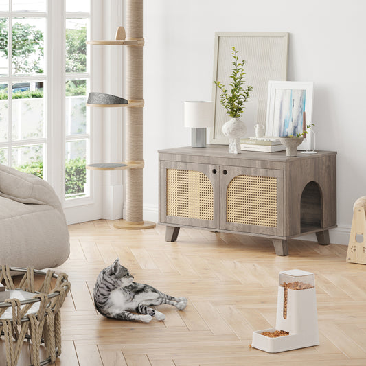 Boho Rattan Cat Litter Box Cabinet for Home, Flip-Top