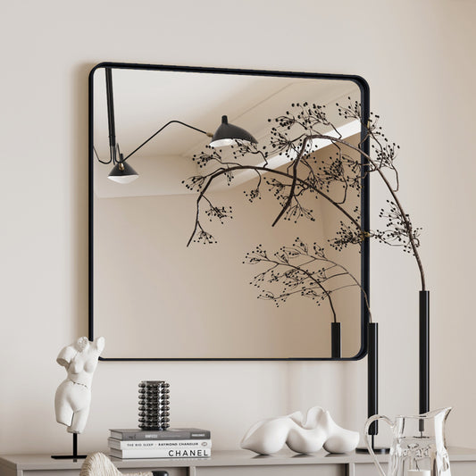 Modern Square Vanity Wall Mirror, Black Metal Frame 36x36