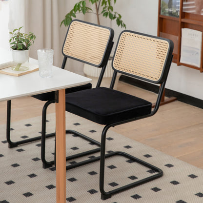RR Mid-Century Dining Chairs, Velvet & Rattan, Set of 2