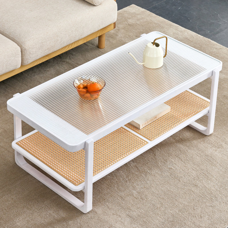 Modern White Coffee Table for Living Room, Glass Top, 2-Tier