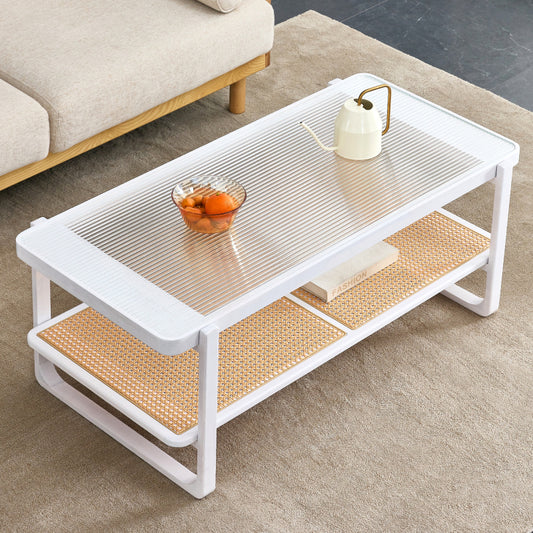 Modern White Coffee Table for Living Room, Glass Top, 2-Tier