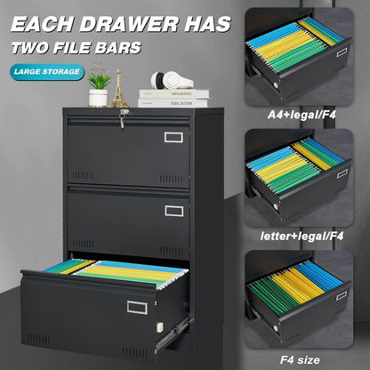 Sleek 3-Drawer Lateral File Cabinet for Home Office, Locking
