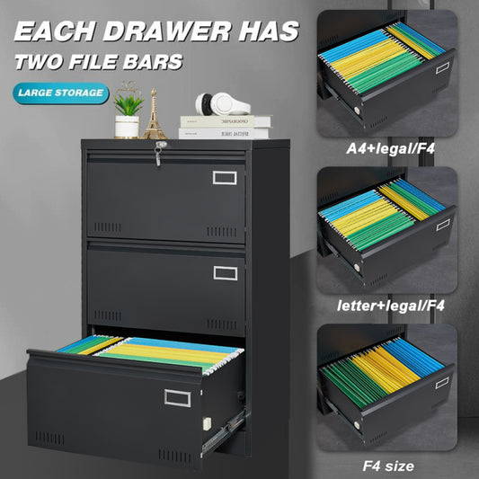 Sleek 3-Drawer Lateral File Cabinet for Home Office, Locking
