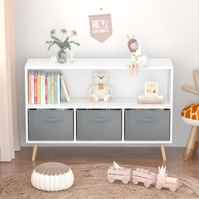Modern Kids Bookcase for Playroom w/ Collapsible Fabric Bins