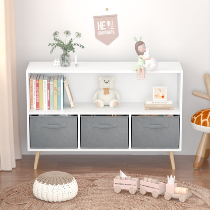 Modern Kids Bookcase for Playroom w/ Collapsible Fabric Bins