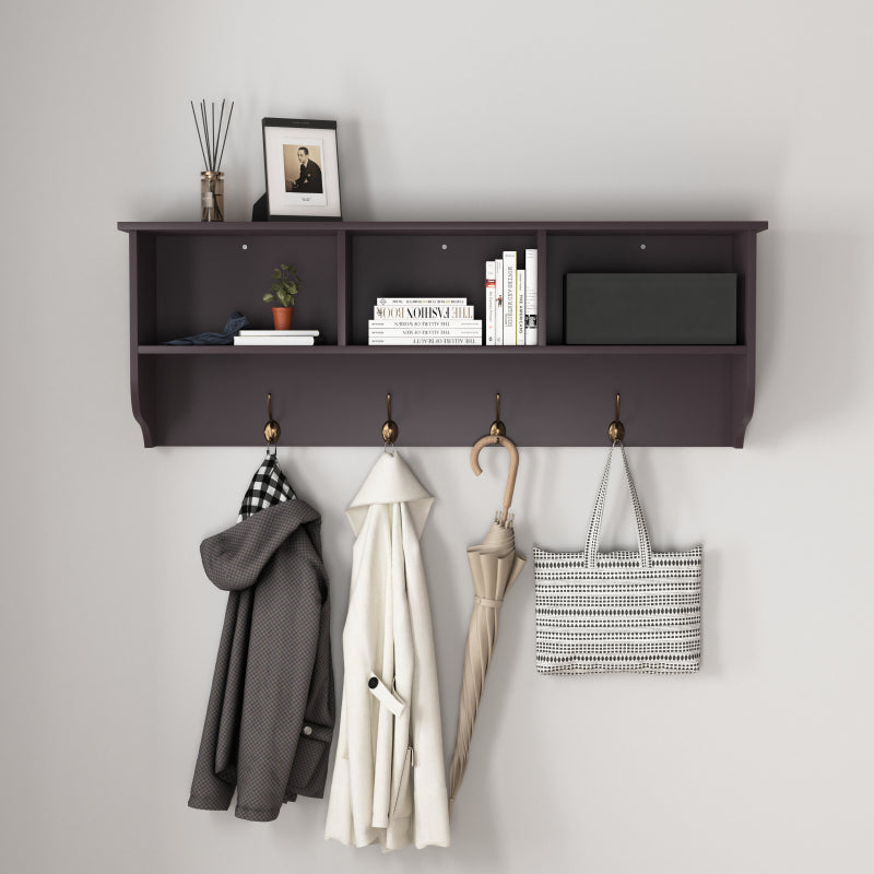 White Wall Coat Rack for Entryway, Shelf & 4 Dual Hooks