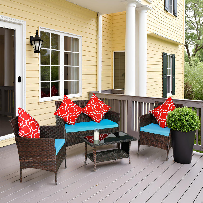 Modern Rattan 4-Piece Patio Sofa Set, Sapphire Blue Cushions