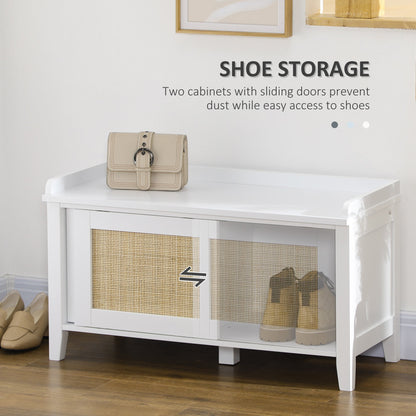 HOMCOM Boho Entryway Shoe Bench with Sliding Rattan Doors