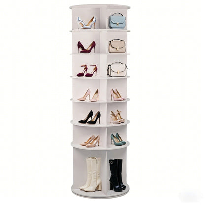 7 Tier Rotating Shoe Rack, High Bottom Design Rotating Shoe Rack Tower, Free Standing 360° Spinning Shoe Organizer, Round Display Spinning Shoe Rack Tower, Fits 28 Pairs of Shoes (White)