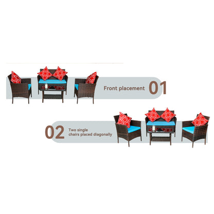Modern Rattan 4-Piece Patio Sofa Set, Sapphire Blue Cushions