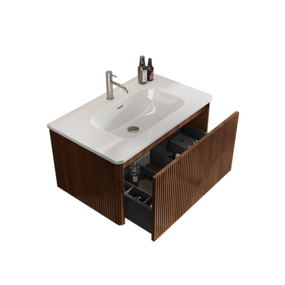 Etna 24-in Striped Walnut Floating Bath Vanity, Ceramic Sink