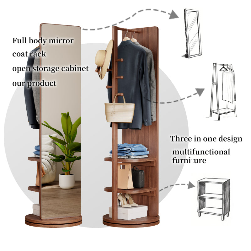Solid Wood Walnut Floor Mirror for Entryway, 360° with Hooks