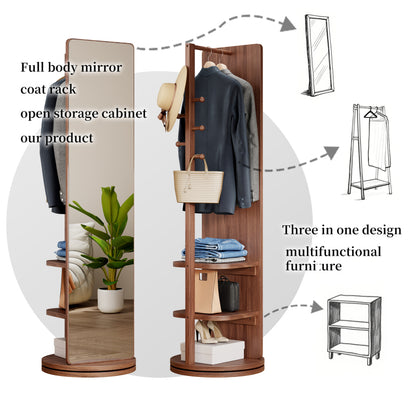 Solid Wood Walnut Floor Mirror for Entryway, 360° with Hooks