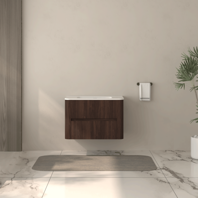 Dark Walnut 30" Floating Bathroom Vanity, Integrated Sink
