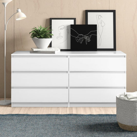 Modern 6-Drawer Double Dresser for Bedroom, Sleek White