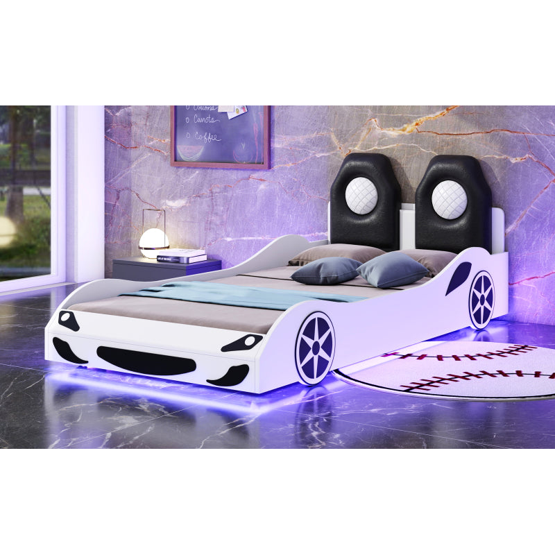 Race Car Twin Platform Bed for Kids, LED & Padded Headboard