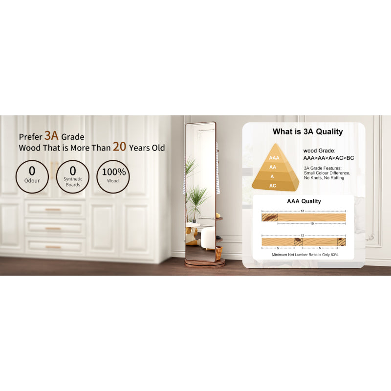 Solid Wood Walnut Floor Mirror for Entryway, 360° with Hooks