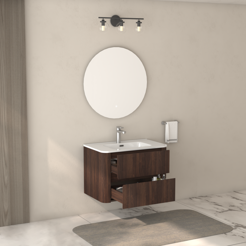 Dark Walnut 30" Floating Bathroom Vanity, Integrated Sink