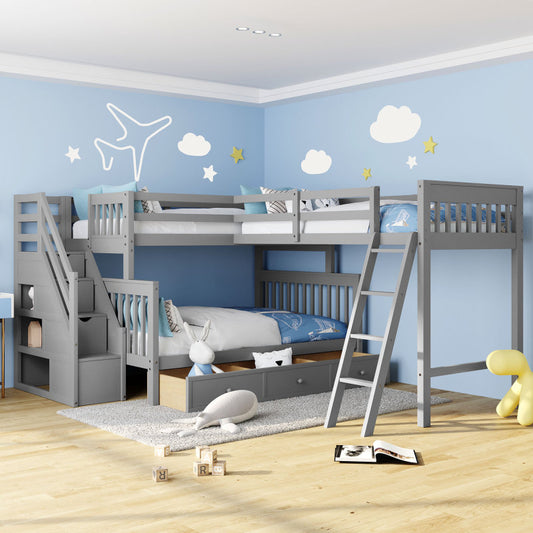 Gray L-Shaped Twin/Full Kids' Bunk Bed with Drawers