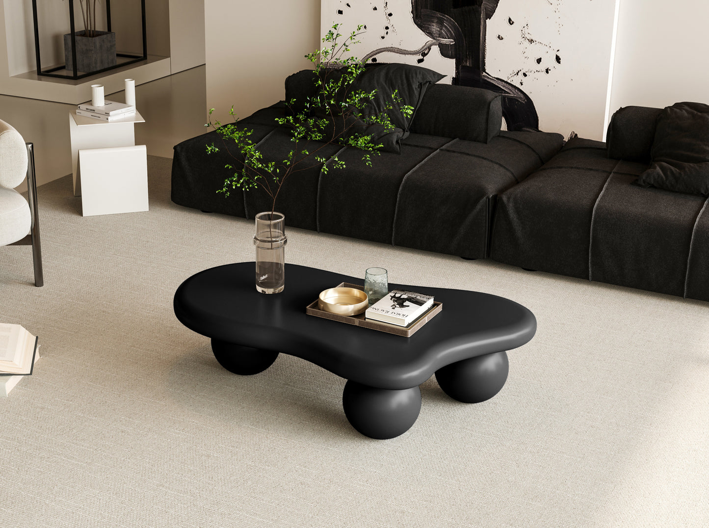 Modern Black Cloud Coffee Table for Living Room, 3 Ball Legs