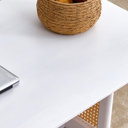 Asian-Style White Solid Wood Coffee Table, Faux Rattan Legs