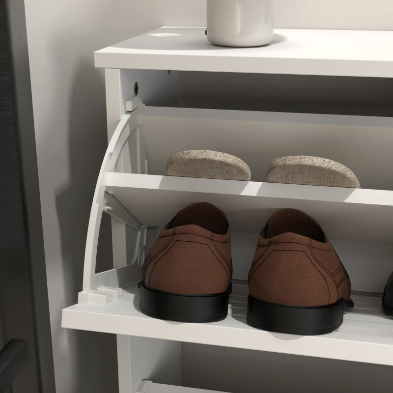 Modern Slim White Shoe Cabinet for Entryway, 3 Flip Doors