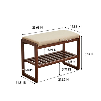 Walnut Solid Wood Entryway Shoe Bench with Cushioned Seat